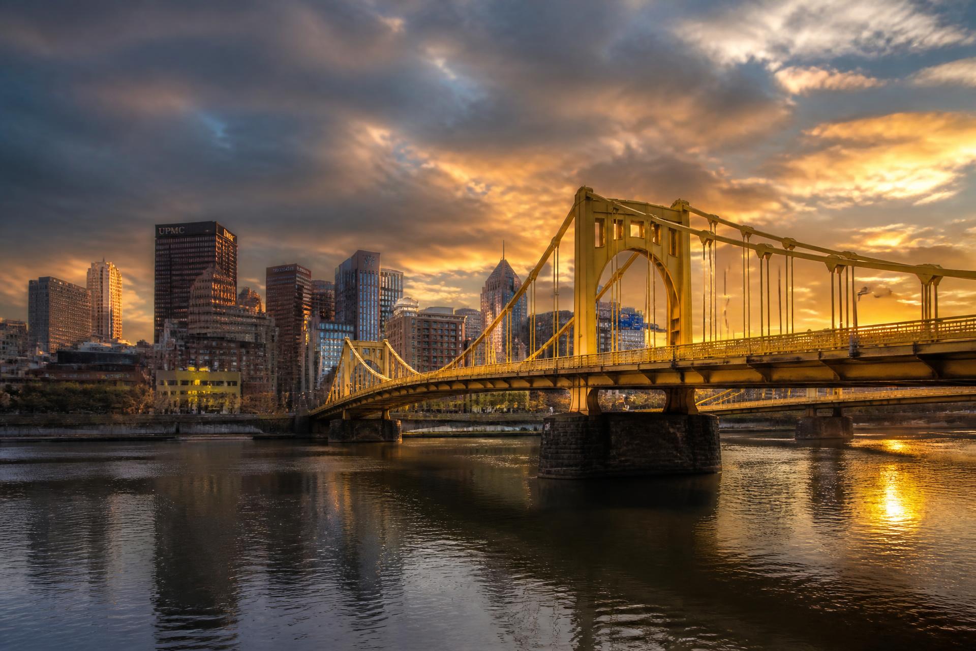 Pittsburgh's Roberto Clemente Bridge over the Allegheny River at golden hour